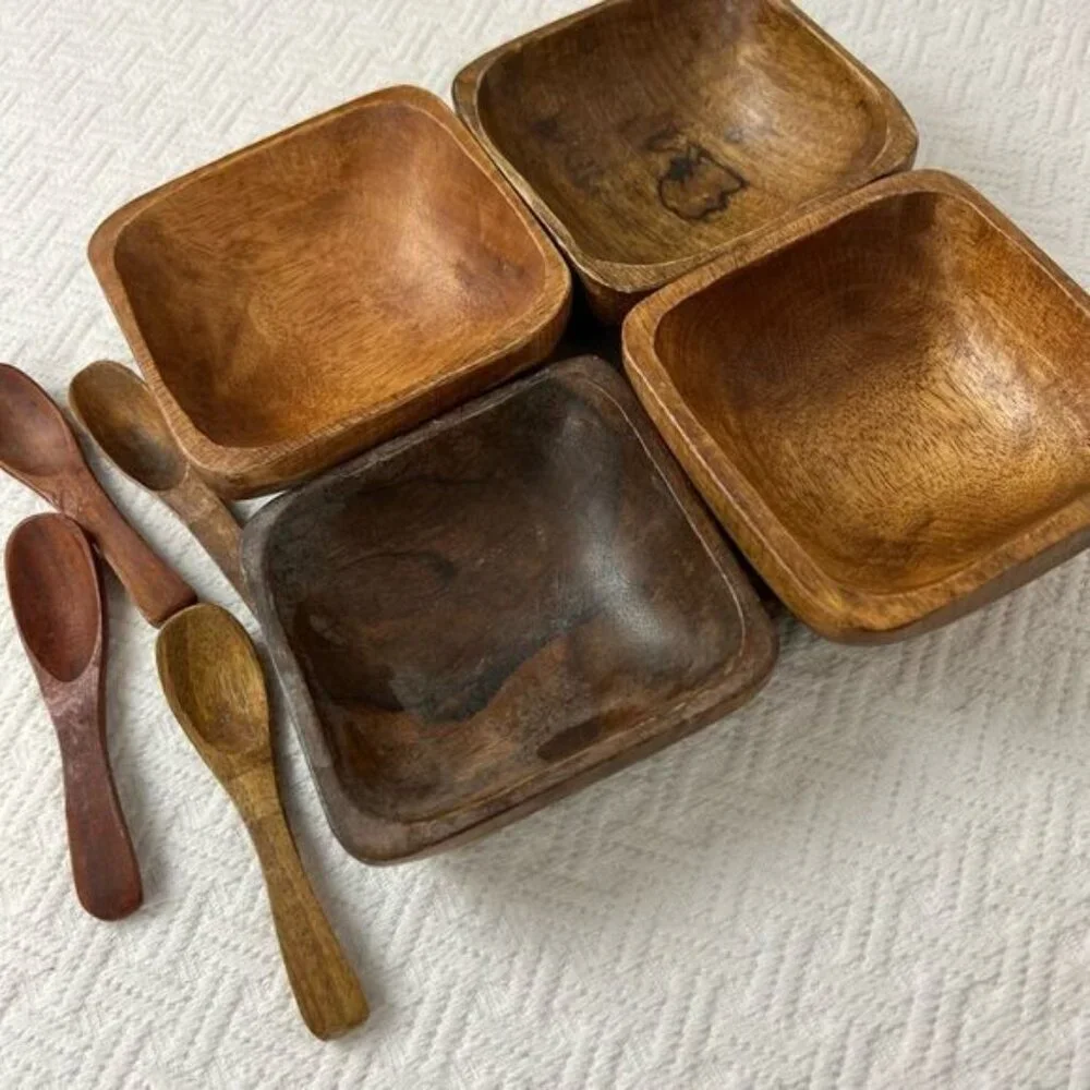 Vintage Antique 8 Piece Teak Wood Primordial Bowl and Spoon Sauce Serve Set - Picture 1 of 13
